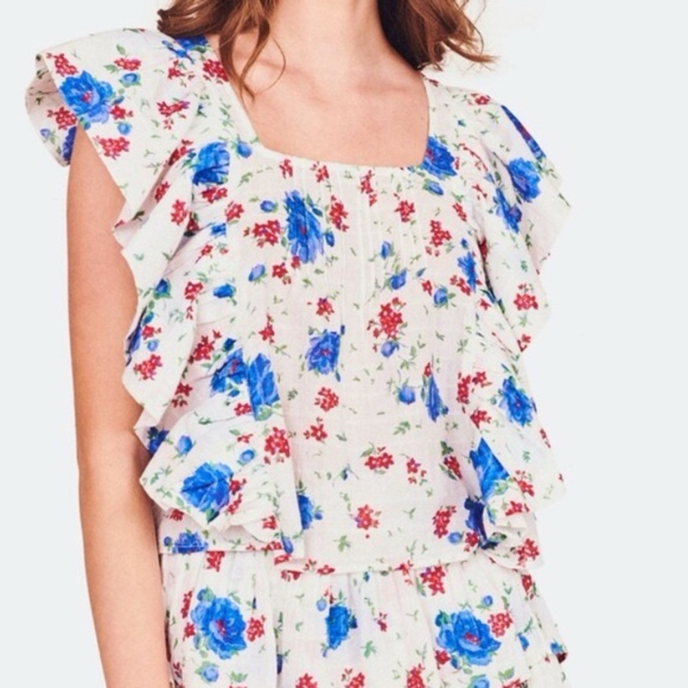 LoveShackFancy Blue Red Floral Lavinia Cropped Cotton Voile Top (Size XS)